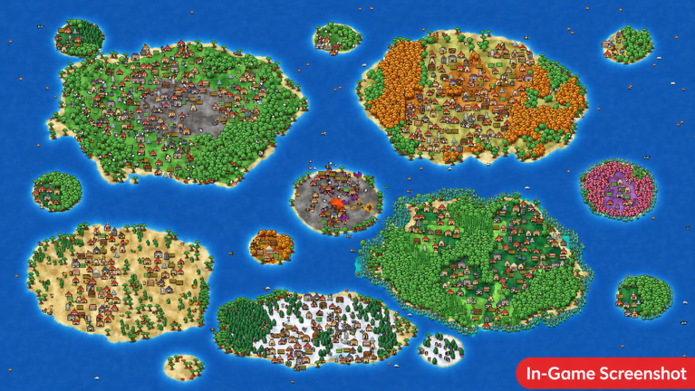 Official World Sim screenshot showing pixel islands, forests and kingdoms surrounded by an ocean